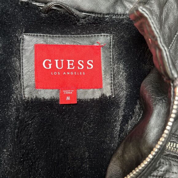 GUESS Los Angeles Faux Leather Biker Jacket Black Faux Fur Lined Women's Medium - Picture 5 of 8